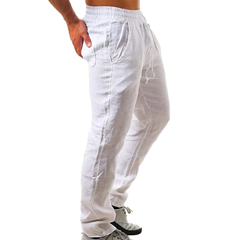 Mens Cotton Linen Pants Breathable Solid Color Linen Trousers