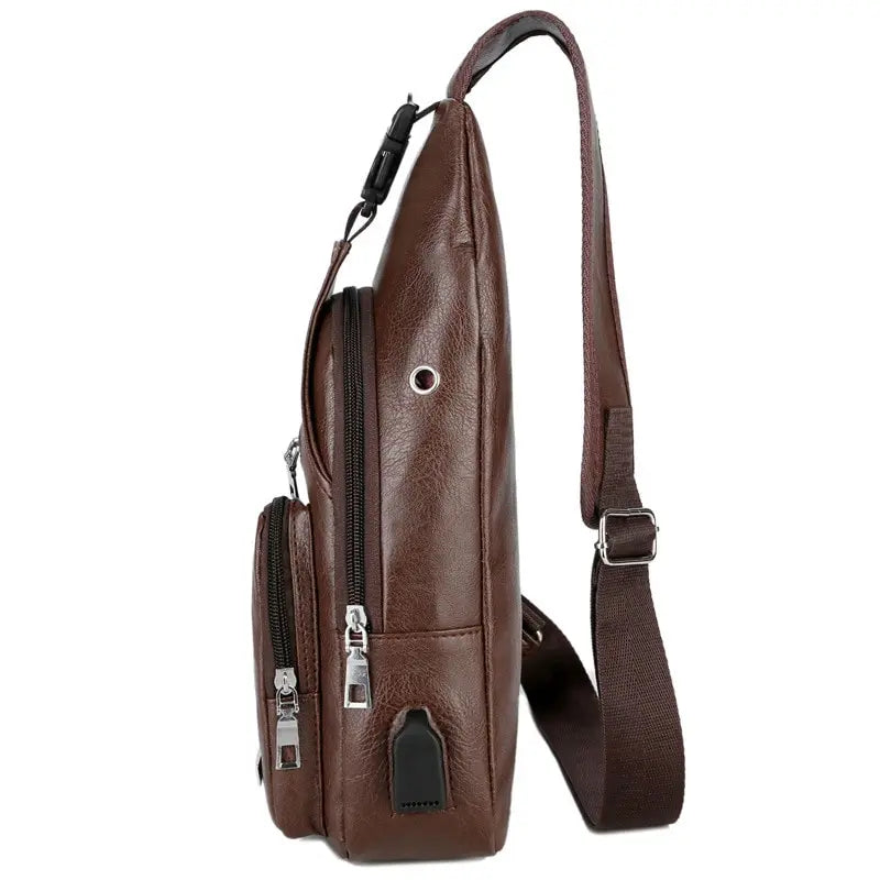 USB Charging Chest Bag Headset Hole Mens Crossbody