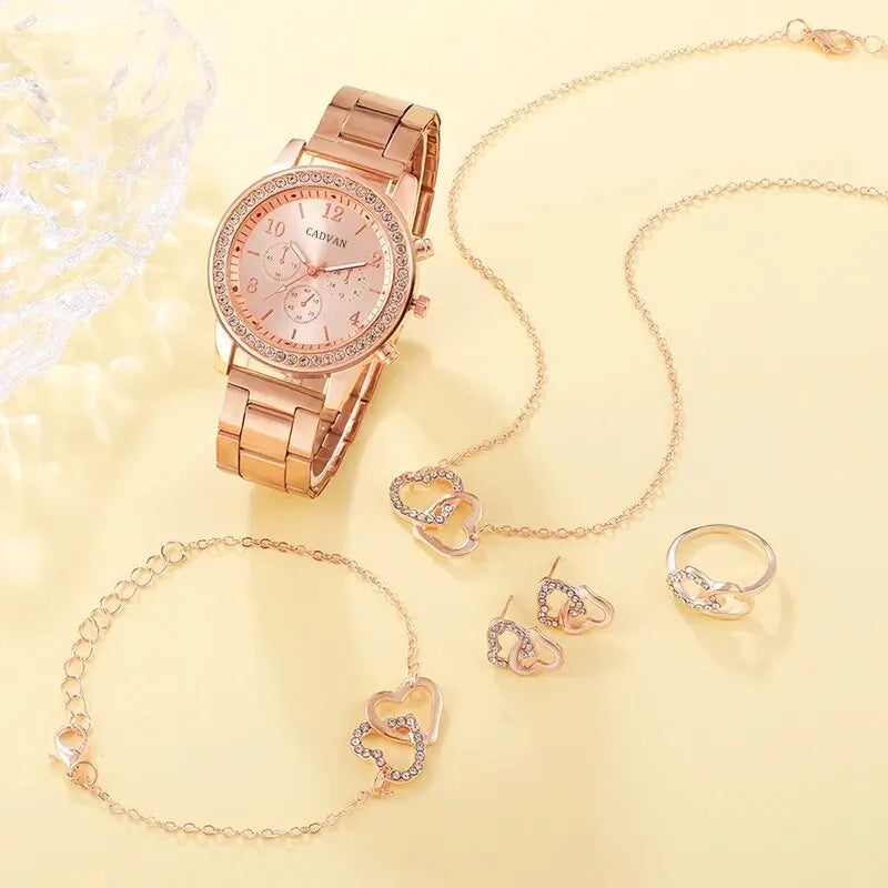 6PCS Set Rose Gold Watch Jewelry Set