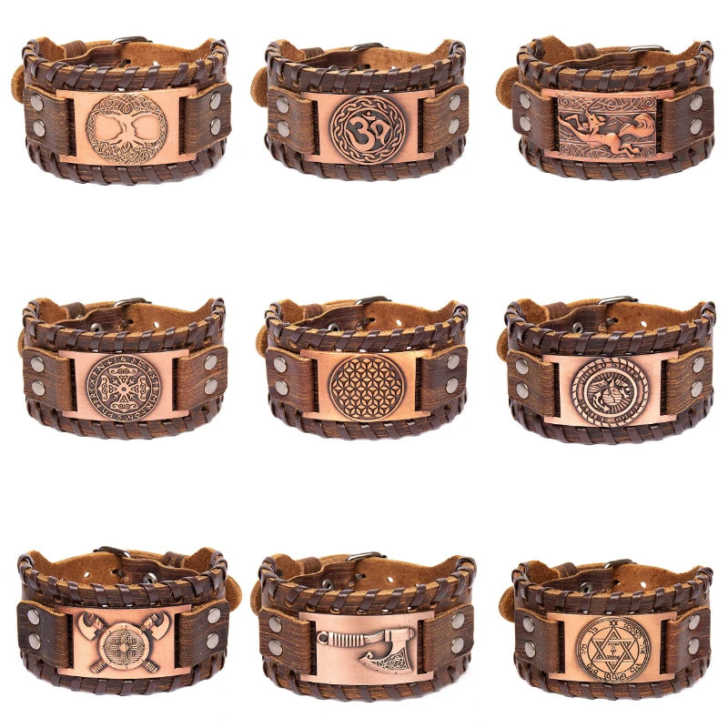 Retro Wide Leather Pirate Compass Mens Bracelet Celtic Viking Jewelry