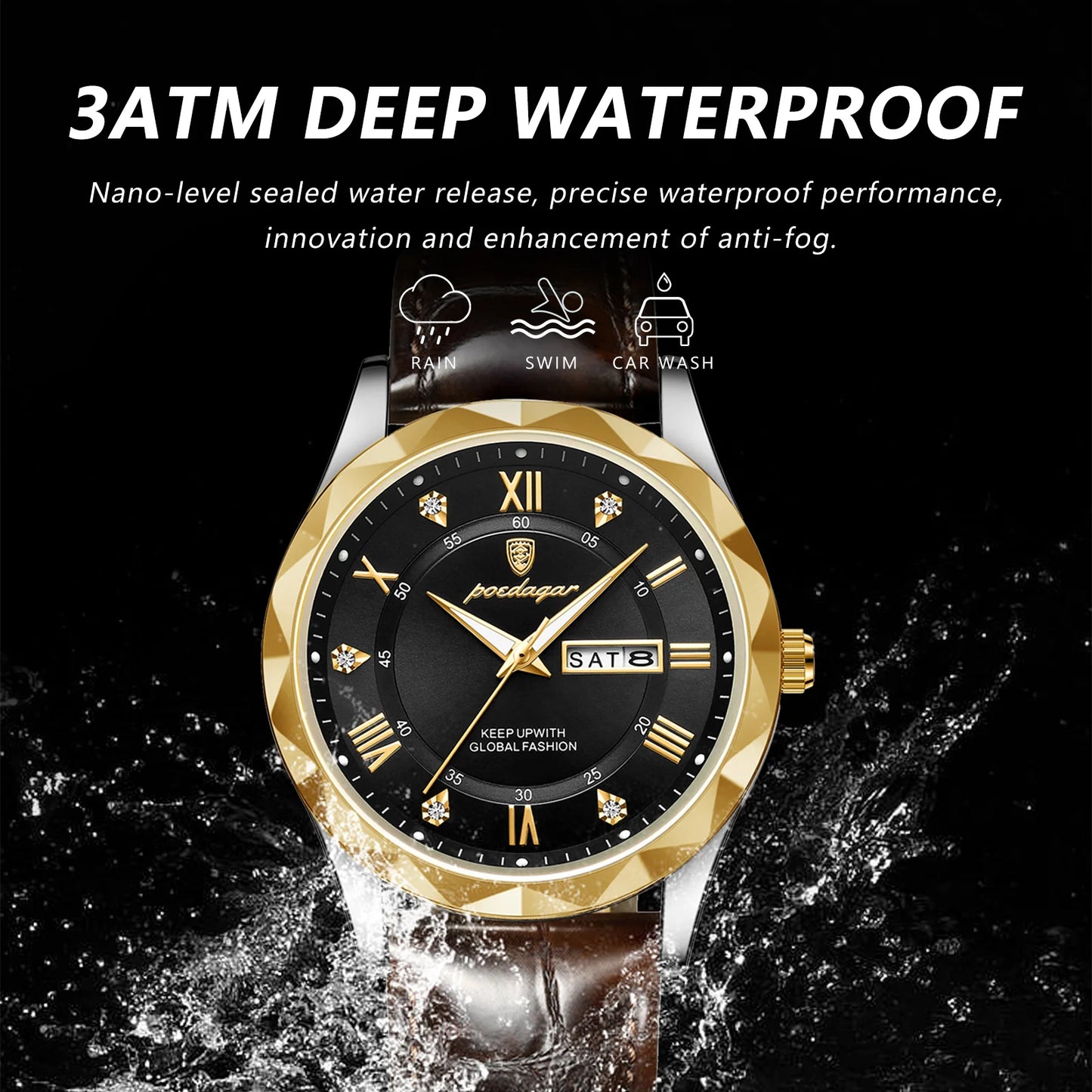 Mens Quartz Leather Watch Waterproof Luminous Date