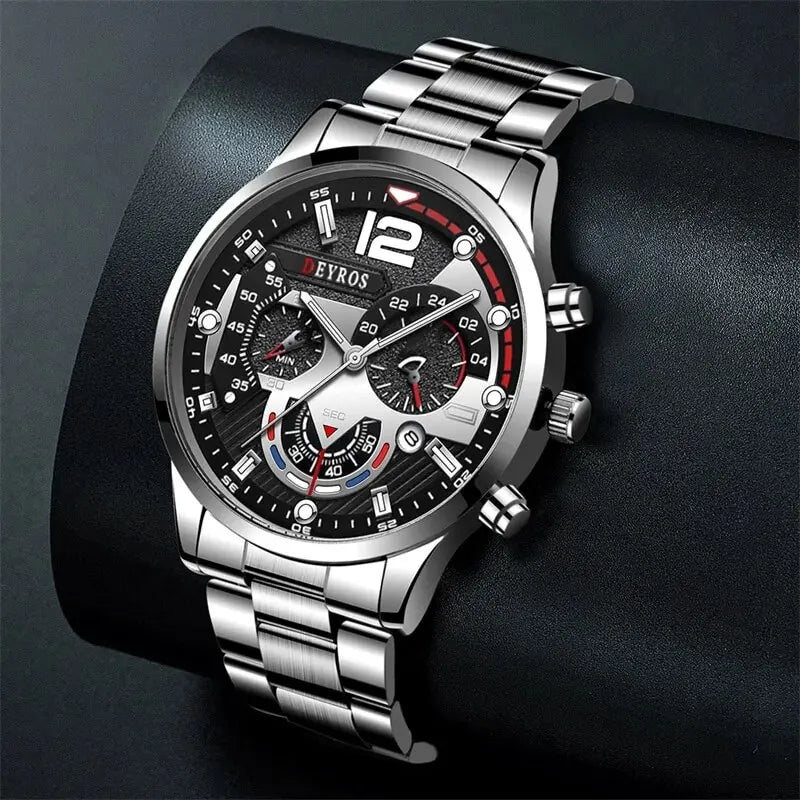 Mens Silver Quartz Watch With Stainless Steel Bracelet