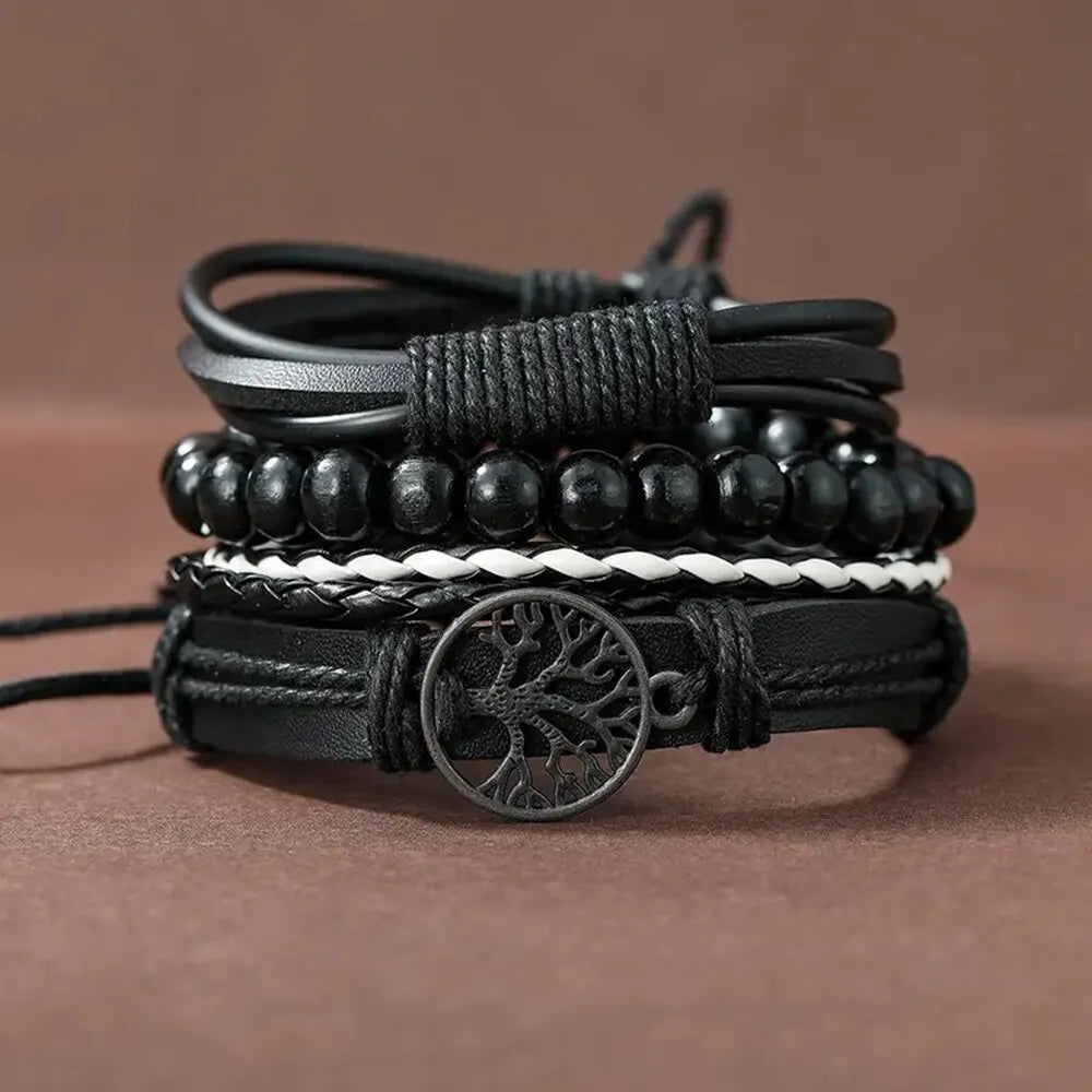 Set Of 3 Handmade Woven Pu Leather Mens Bracelet