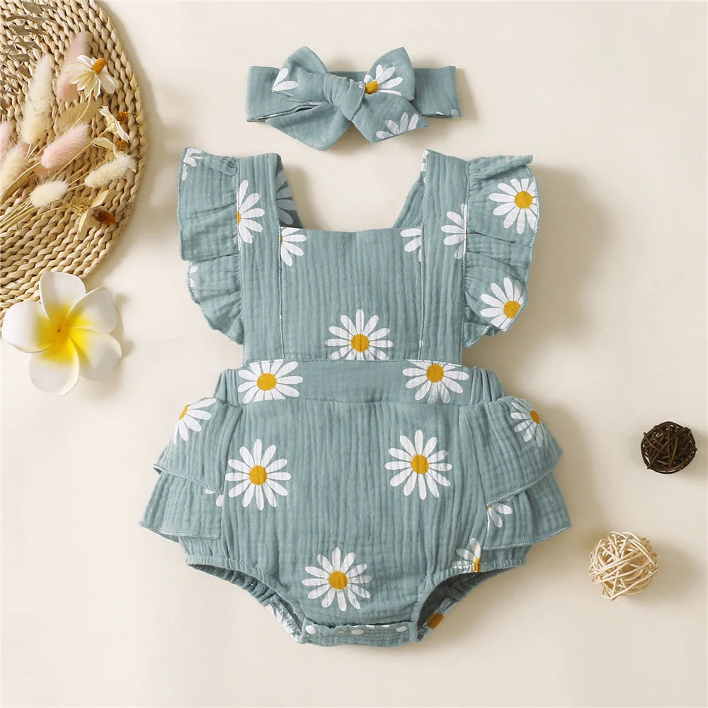 Infant Baby Girl Romper Ruffle Sleeveless Newborn Bodysuit with Headband