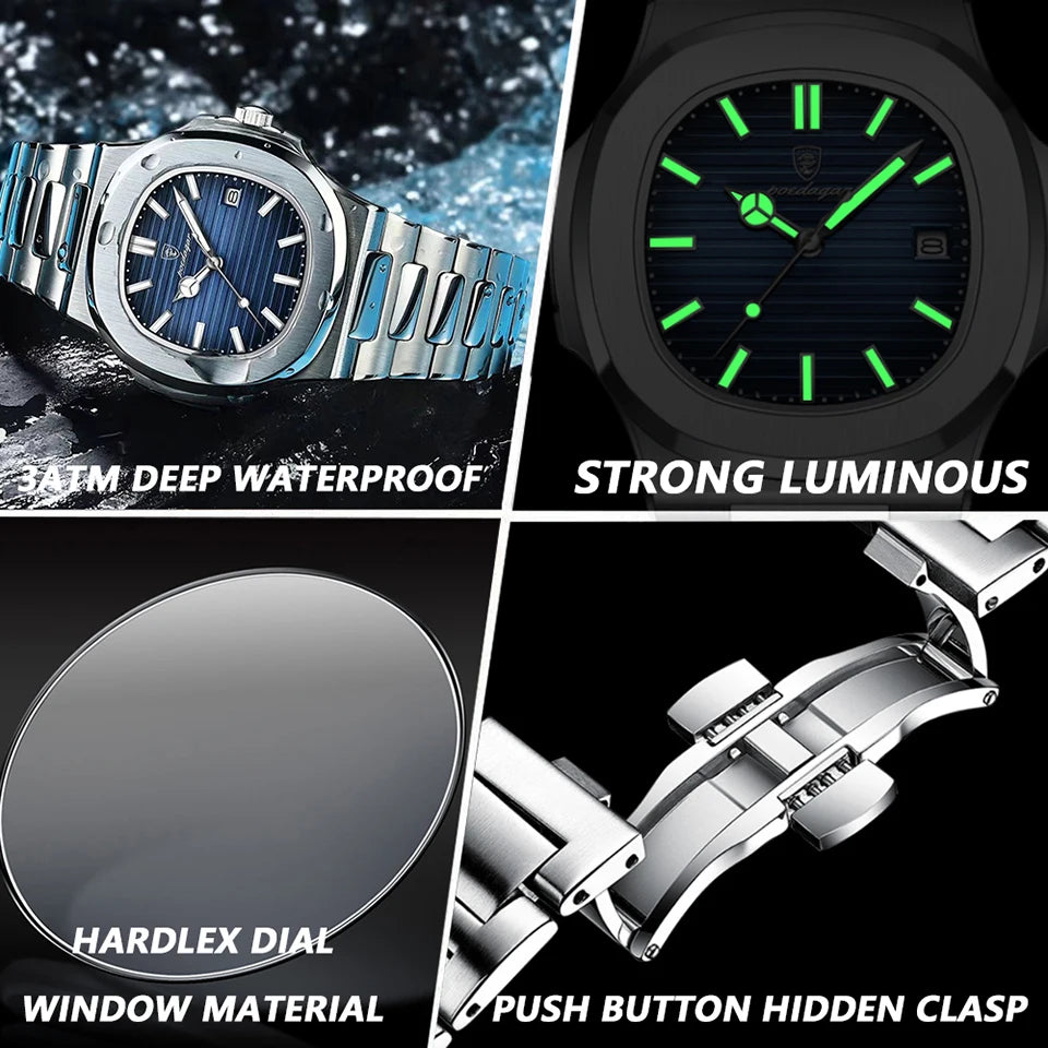 Mens Quartz Watch Waterproof Luminous Date Stainless Steel Square