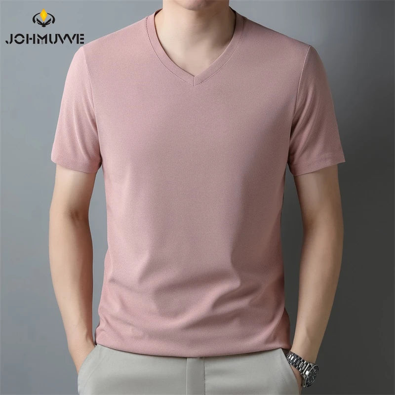 Mens Waffle V Neck Short Sleeved T-shirt Summer Comfortable Top