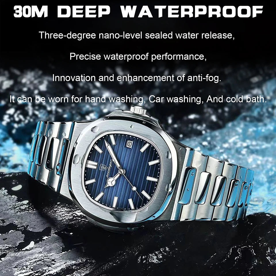 Mens Quartz Watch Waterproof Luminous Date Stainless Steel Square