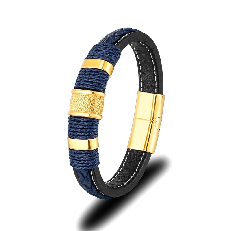 Punk Multilayer Braid Leather Magnetic Buck Men Bracelet