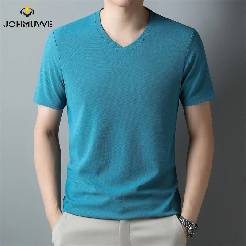 Mens Waffle V Neck Short Sleeved T-shirt Summer Comfortable Top