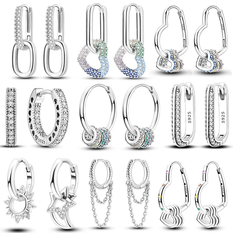 925 Silver Hoop Womens Earrings Pendientes Zircon Heart Shape Star Eardrop