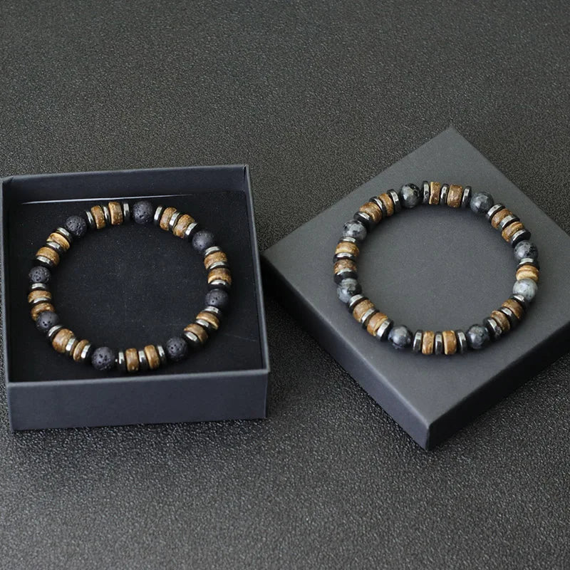 Mens Bracelet Natural Stone Hematite Tiger Eyes Wooden Bracelets