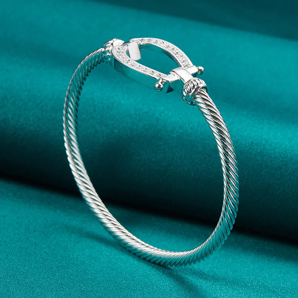 925 Sterling Silver Horseshoe Buckle Bangle For Women