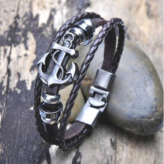 Trendy Multilayer Leather Braided Bracelets Anchor Viking Mens Bracelet