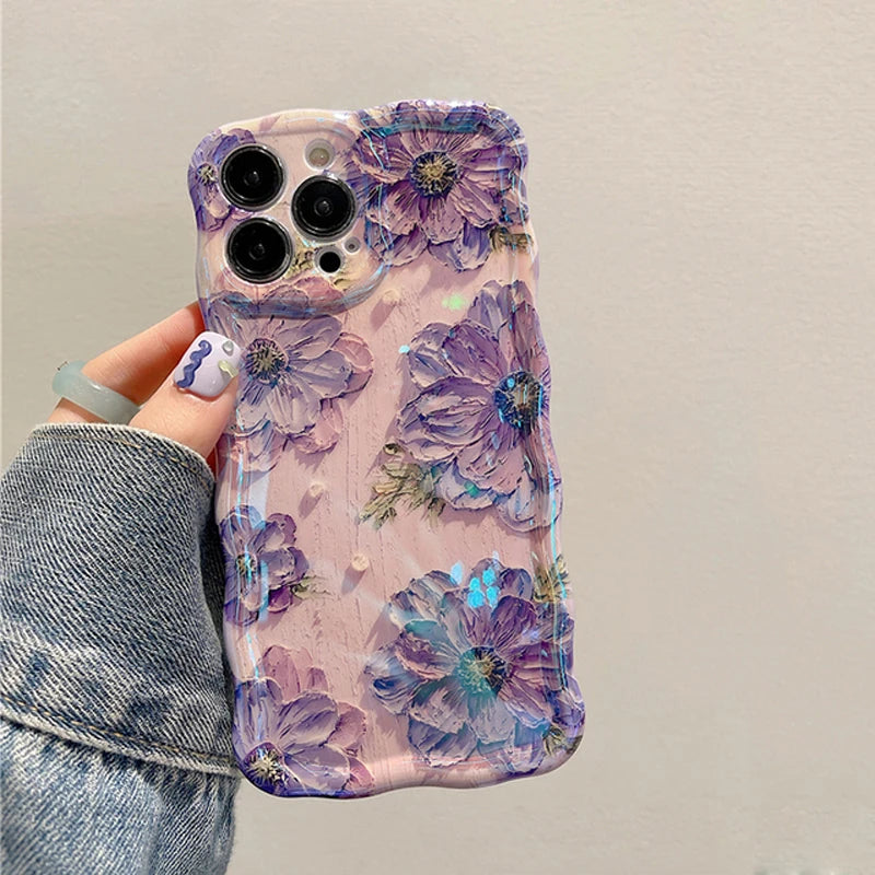 Laser Blue Light Flowers Phone Case For iPhone 15 14 13 12 11 Pro Max