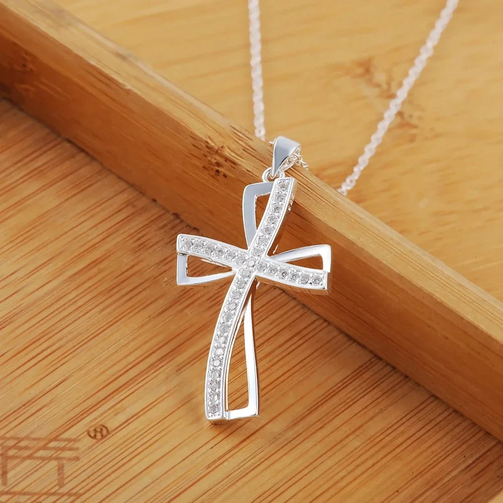 925 Sterling Silver Necklace for Women Cyrstal Cross Pendant Chain