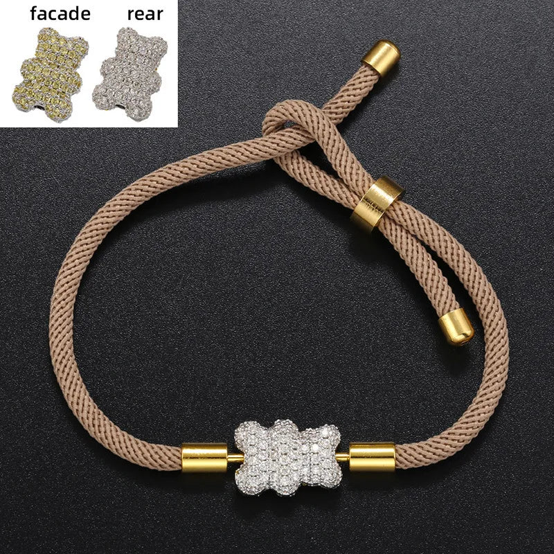 Cute Bear Micro Inlaid Zircon Braided Rope Bracelets for Friends Couple