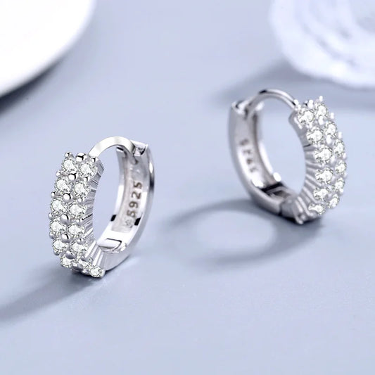 925 Sterling Silver Needle Earrings Double Row Crystal Zircon