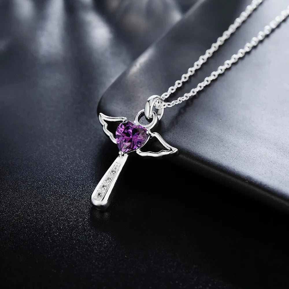 925 Sterling Silver Women Angel Crystal Cross Pendants Chain Neckalce