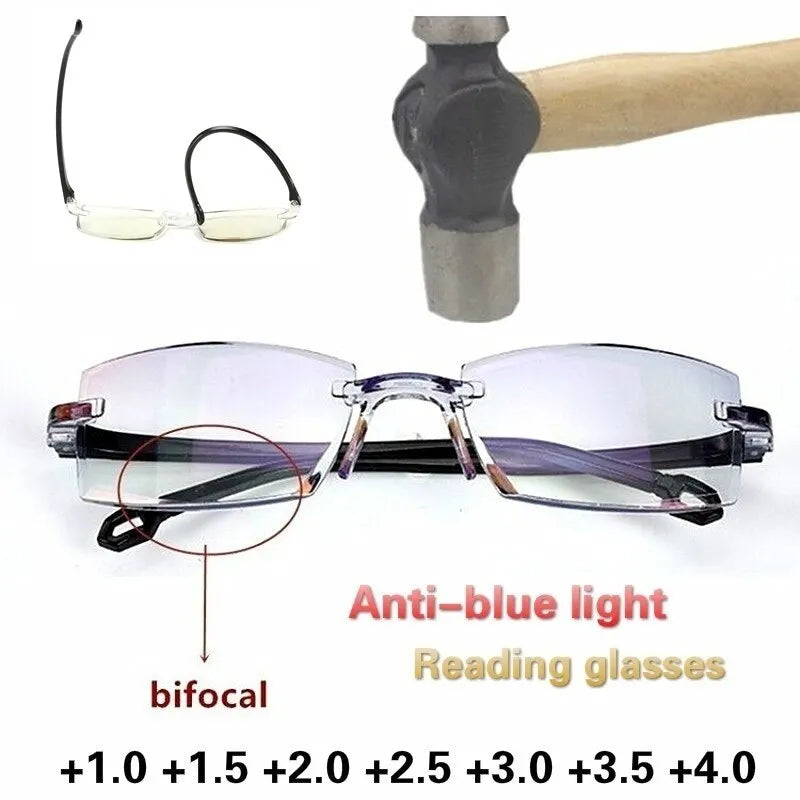 2 Pair Unisex Rimless Reading Glasses Anti Blue Light Bifocal Magnification