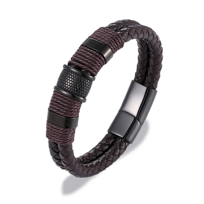 Punk Men Braided Leather Stainless Steel Magnetic Buckle Bracelet