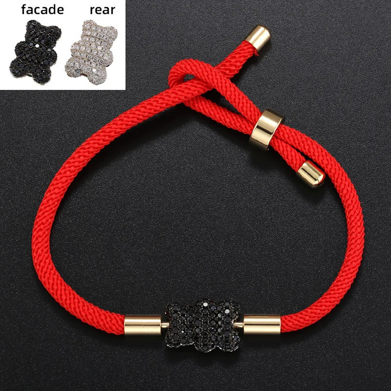 Cute Bear Micro Inlaid Zircon Braided Rope Bracelets for Friends Couple