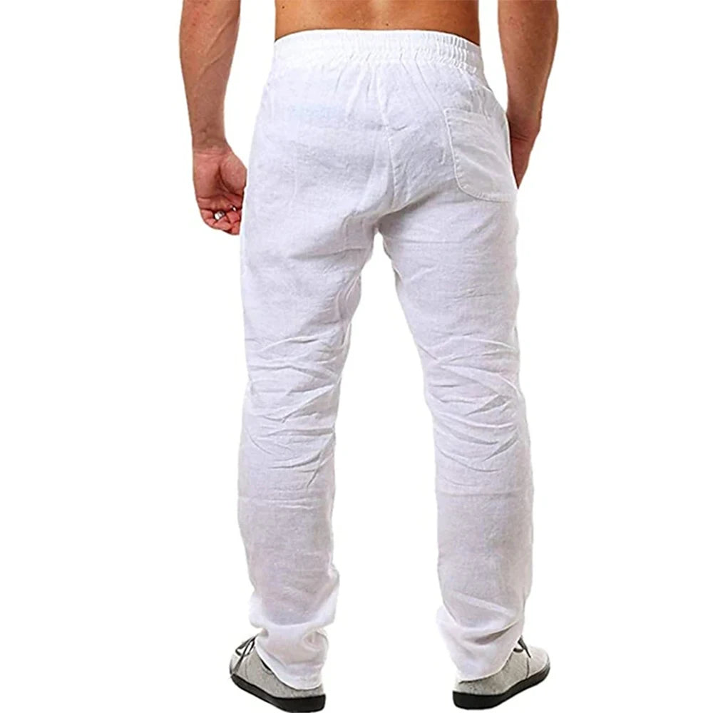 Mens Cotton Linen Pants Breathable Solid Color Linen Trousers