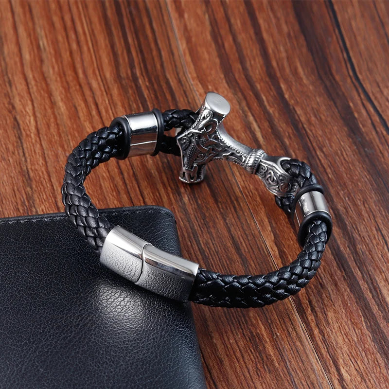 Stainless Steel Bangles Rope Wrap Charm Leather Mens Bracelet