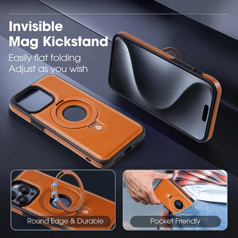 Hidden Ring Stand Leather Magnetic Macsafe Case for IPhone 15 14 13