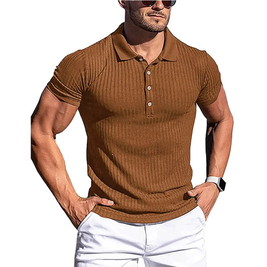 Summer Polo Mens Solid Stripe Fitness Elasticity Short Sleeve Polo Shirts