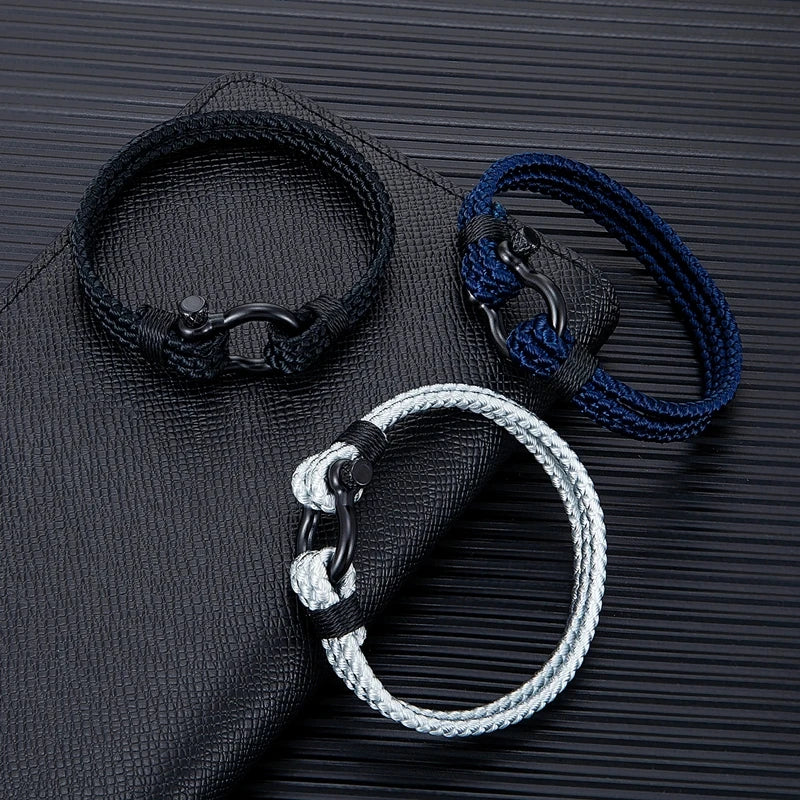 Mens Black Stainless Steel Horseshoe Buckle Keel Rope Bracelet