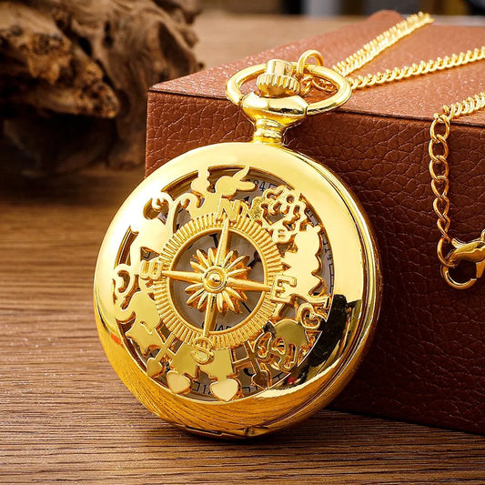 Arabic Numerals Quartz Pocket Watch Gold Case Necklace Pendant