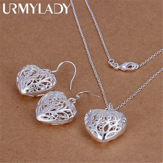 925 Sterling Silver Necklace Earrings Jewelry Set for Women Heart Hollow