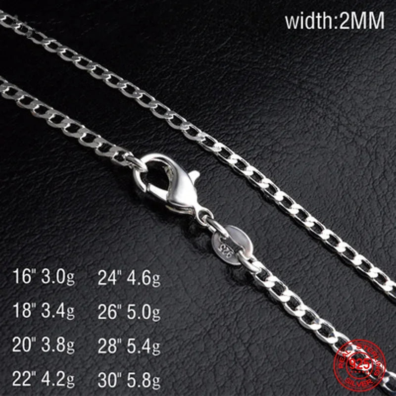 925 Sterling Silver 2MM Flat Necklace Chain For Women Men