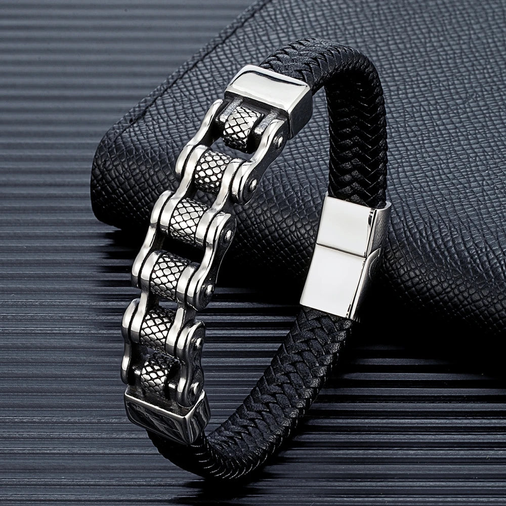 Punk Men Biker Chain Braided Leather Bracelet Stainless Steel Magnetic Buckle