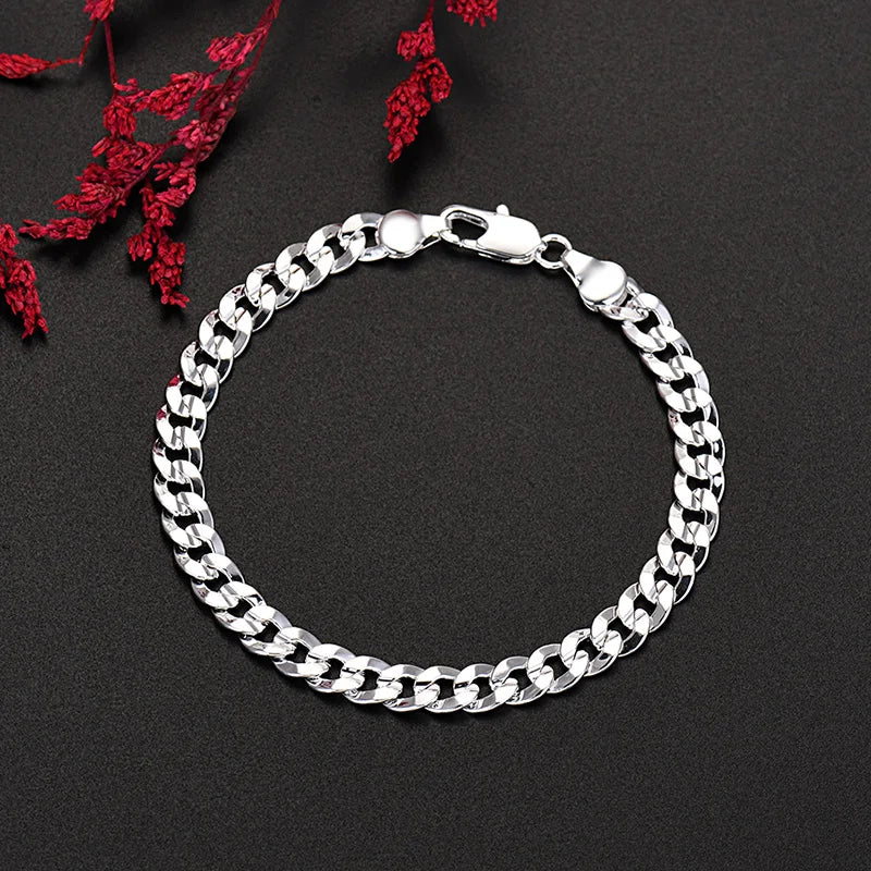 925 Sterling Silver Charm 7MM Chain Unisex Bracelets Neckalces Jewelry Set