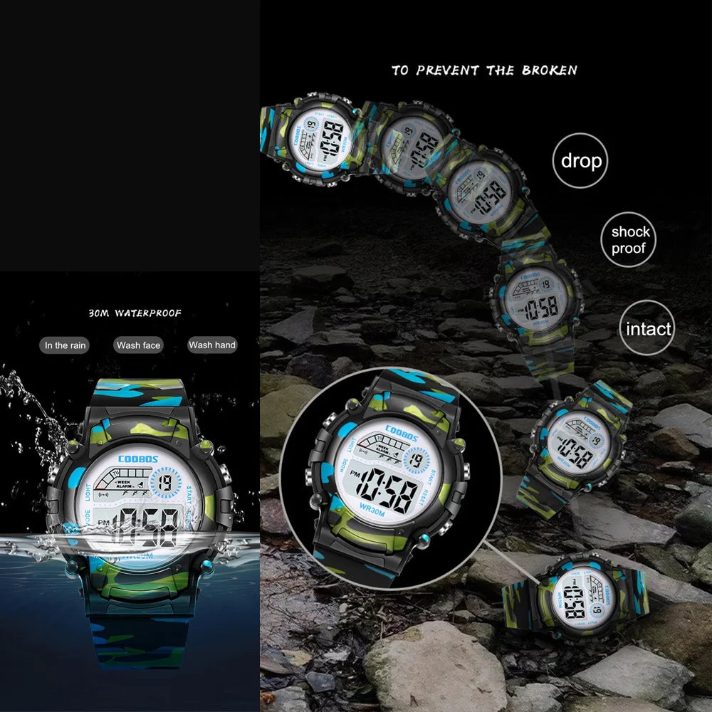 Kids LED Digital Watch Camouflage Sports  Waterproof Multifunction