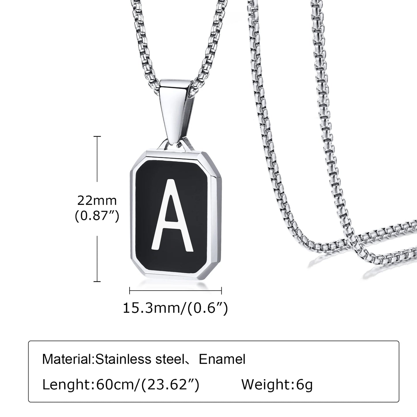 Stylish Initials Square Necklaces for Men 26 Letters Stainless Steel Pendant