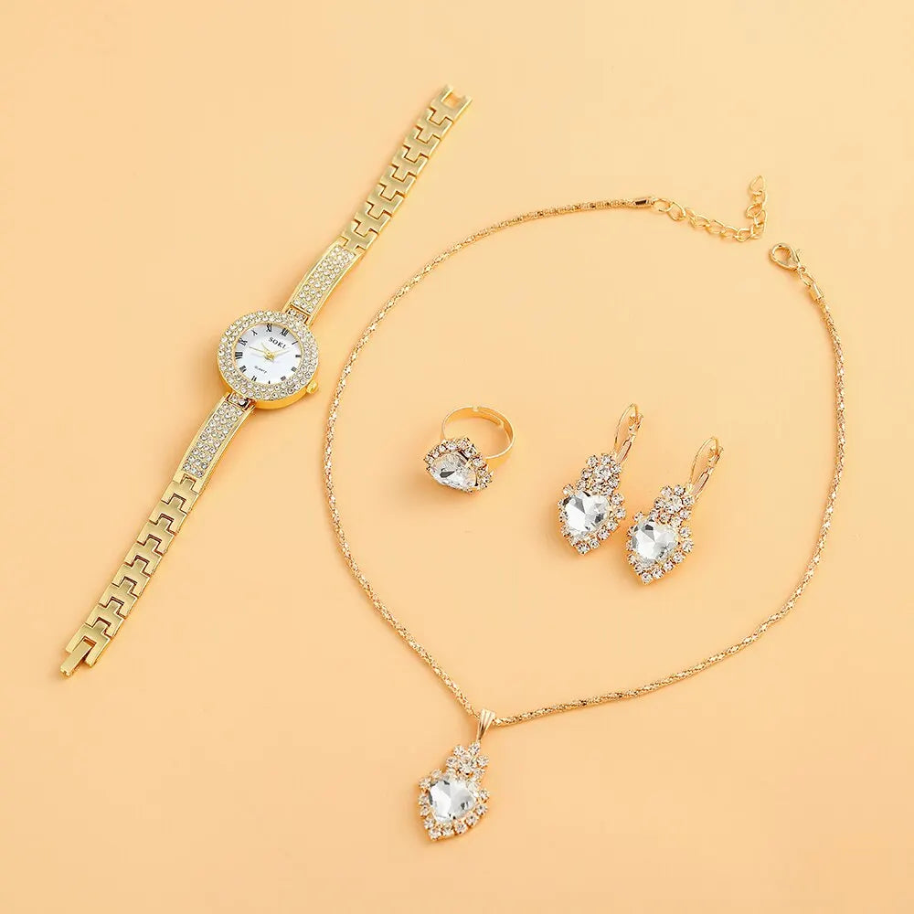 Dainty Quartz Watch With Necklace Earrings Ring Set