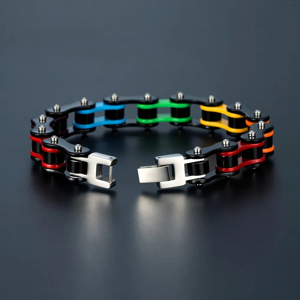 Locomotive Punk Unisex Bracelet Black Stainless Steel Enamel Rainbow Chain