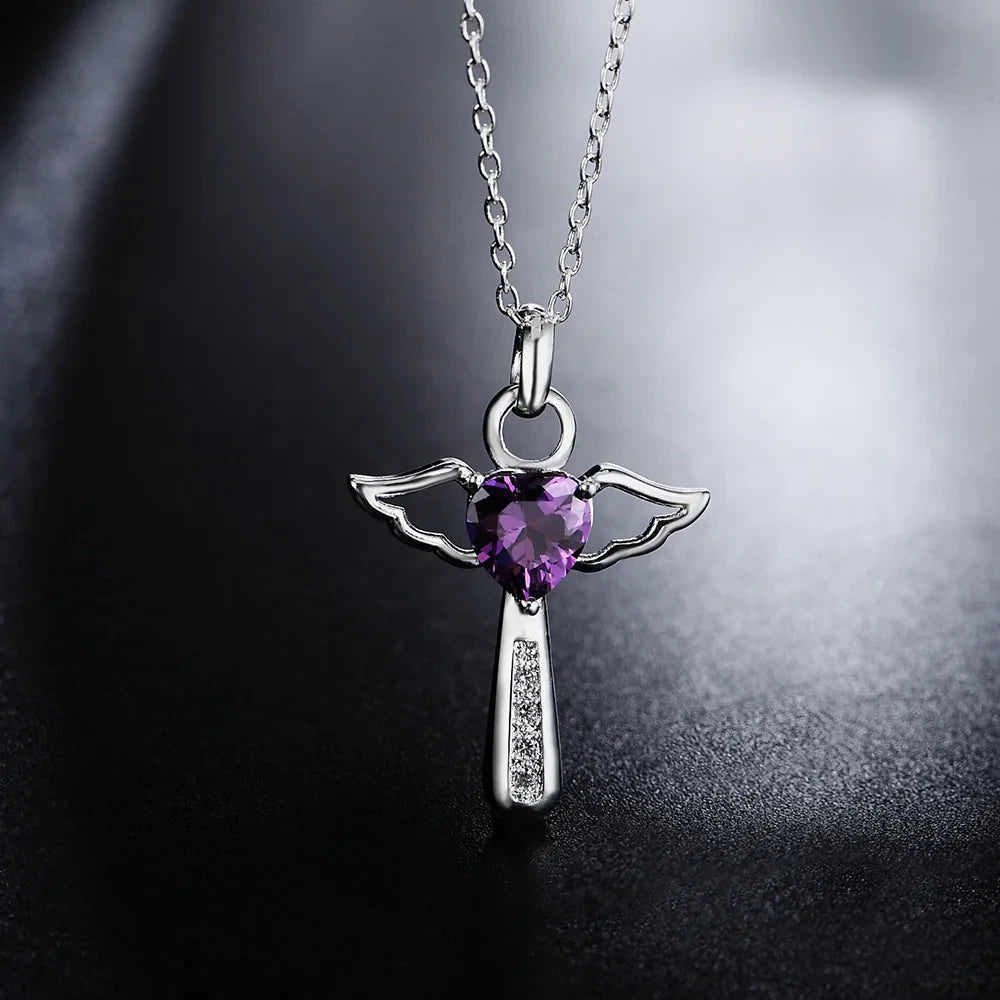 925 Sterling Silver Women Angel Crystal Cross Pendants Chain Neckalce