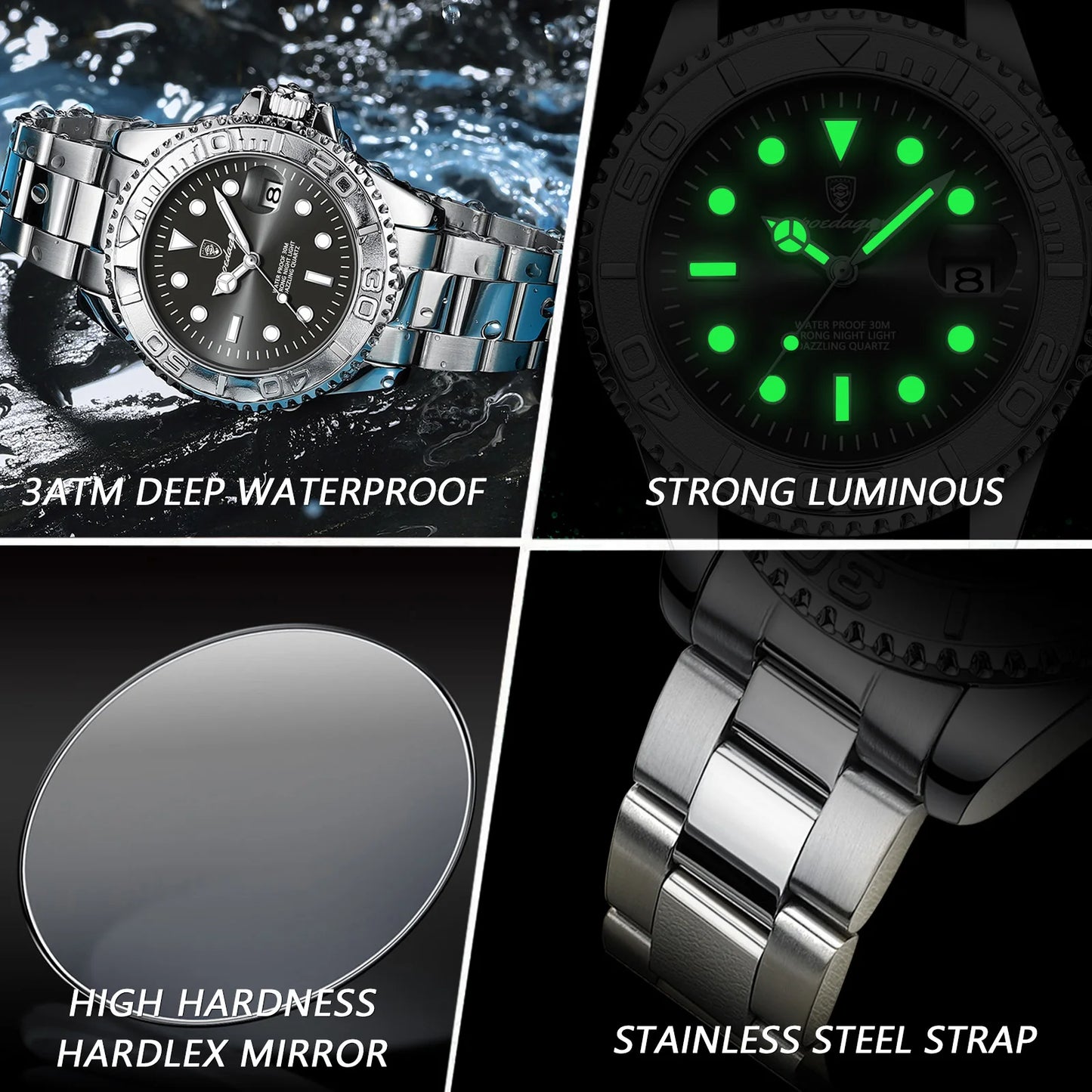 Luxury Mens Wristwatch Quartz Waterproof Luminous Date Stainless Steel Watch