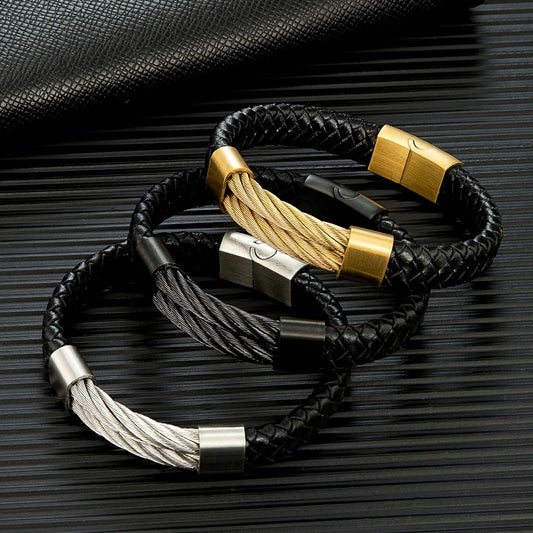 Punk Men Steel Wire Rope Leather Vintage Cuff Bracelet for Men