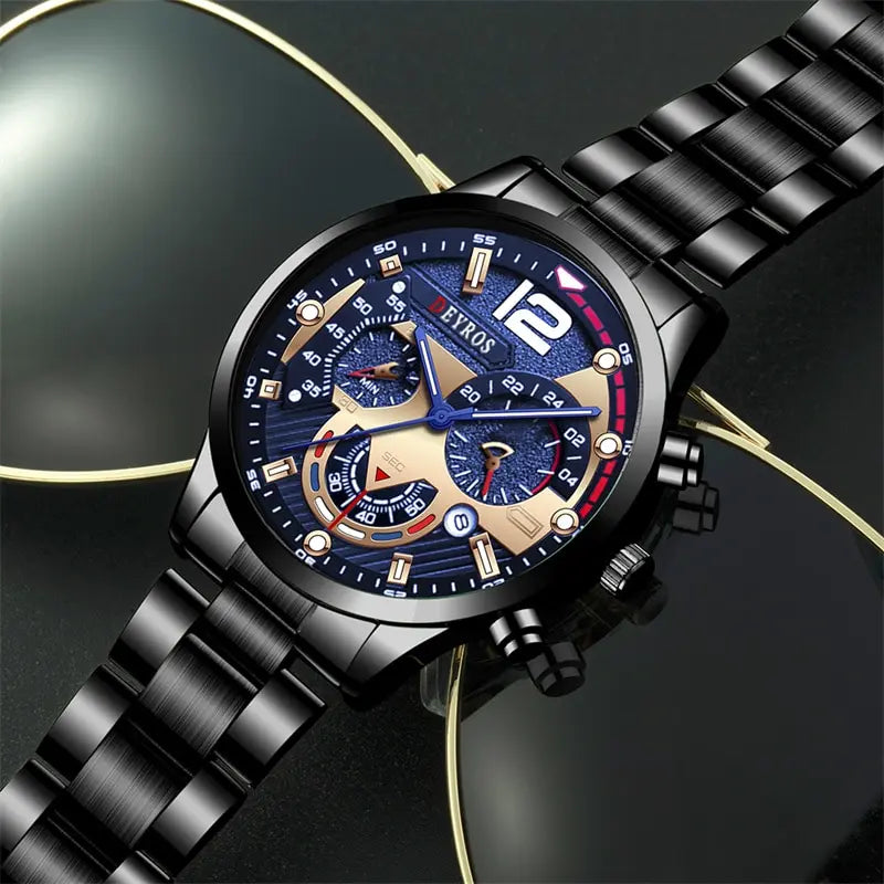 Mens Stainless Steel Watch Quartz Wristwatch Calendar