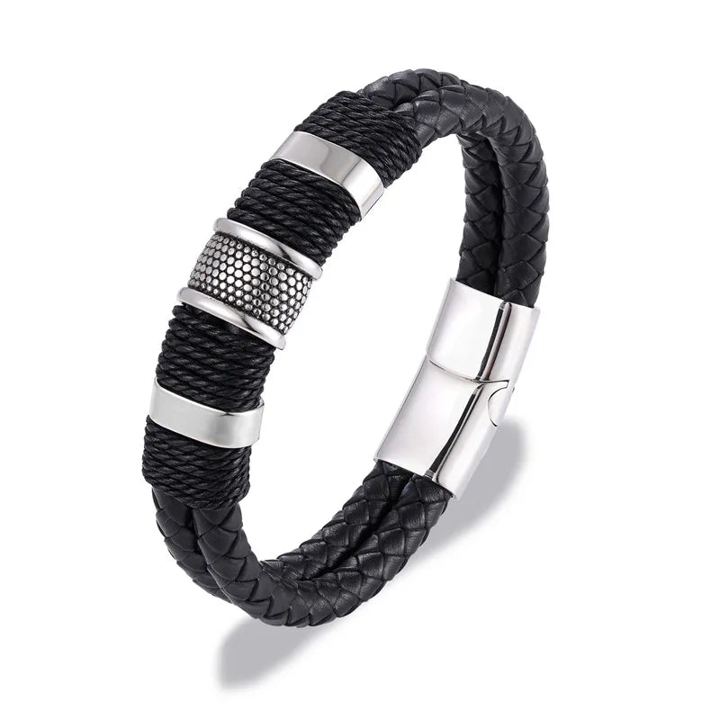 Punk Men Braided Leather Stainless Steel Magnetic Buckle Bracelet