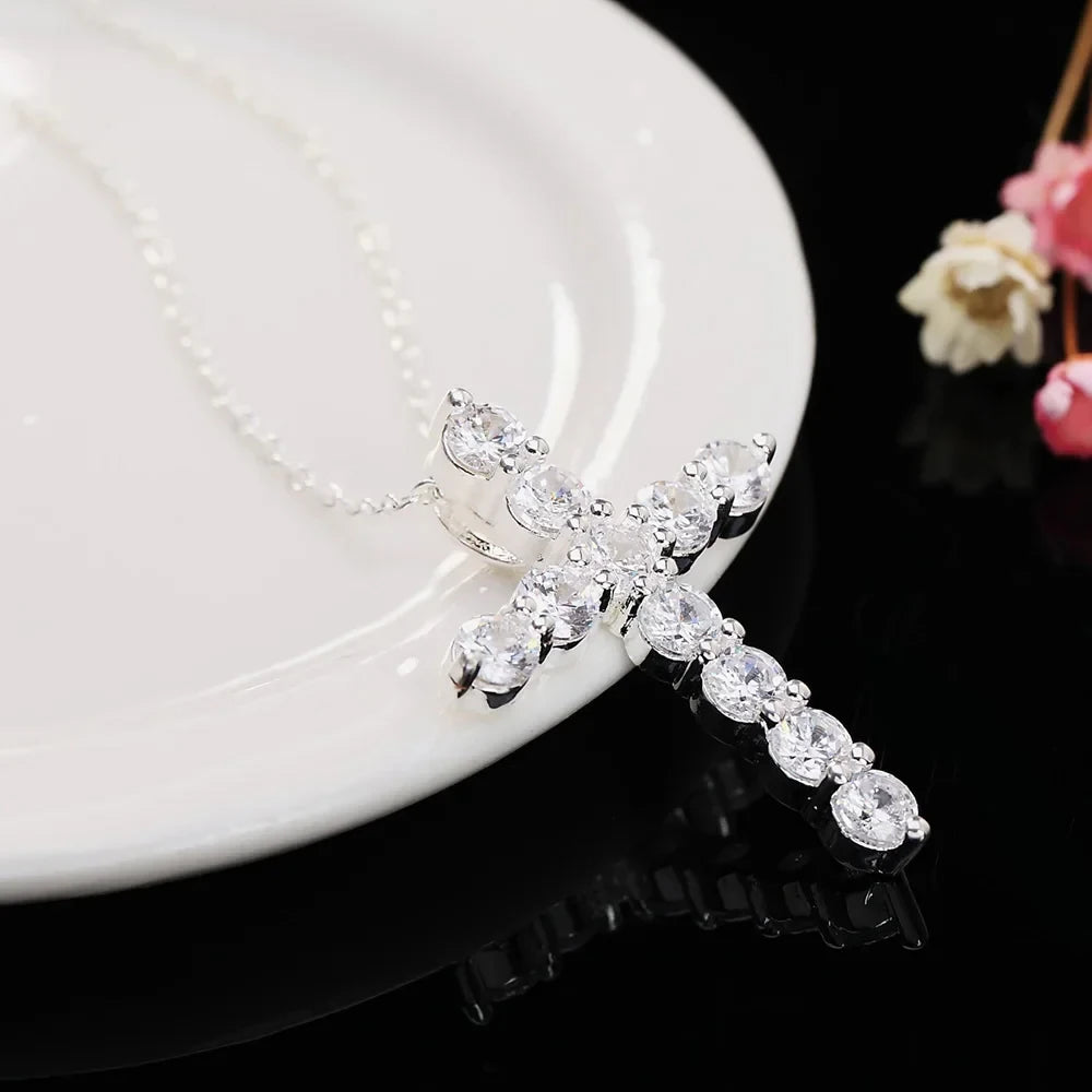 Women Cross Crystal Zircon Stone Pendant 925 Sterling Silver Necklace