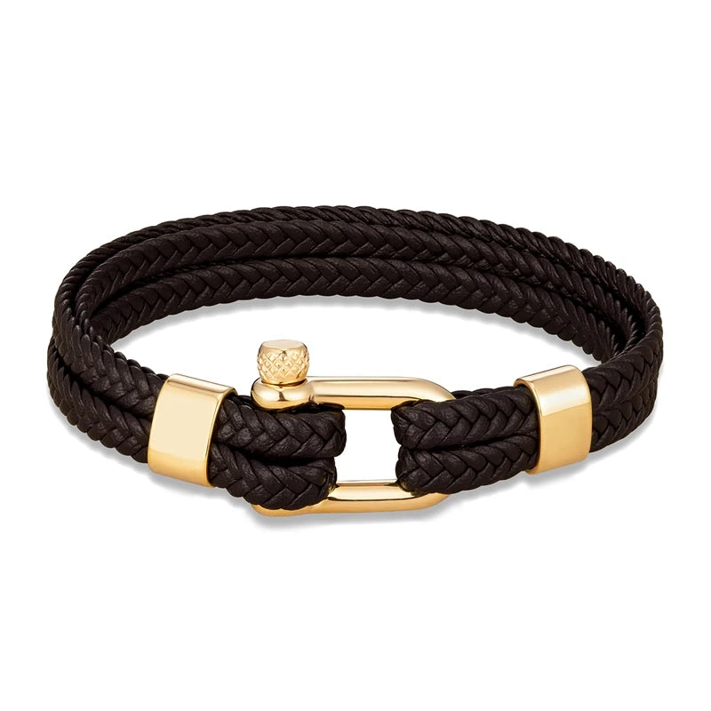 Navy Style Men U shape Shackle Woven Multilayer Leather Bracelets