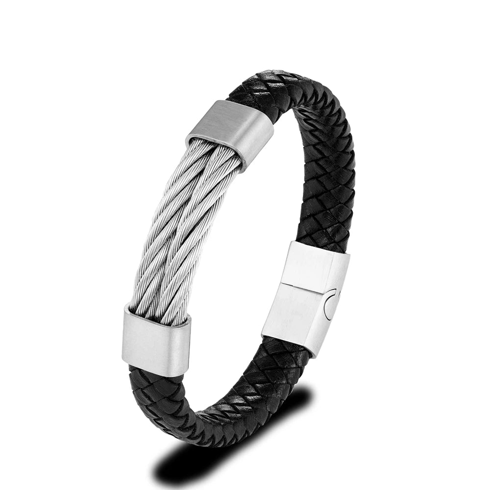 Punk Men Steel Wire Rope Leather Vintage Cuff Bracelet for Men