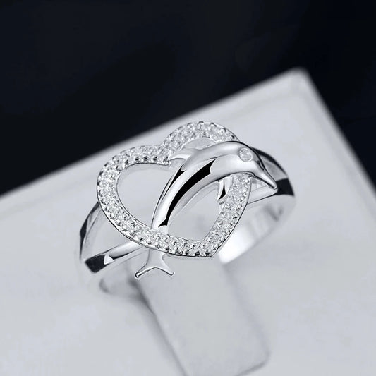 925 Sterling Silver Fine Love Dolphins Heart Rings For Women