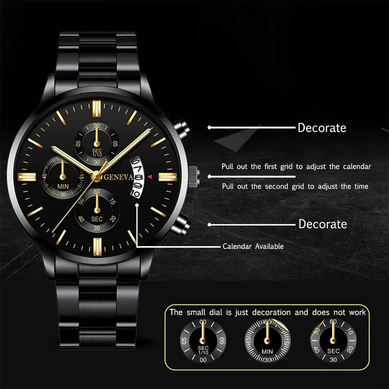 Mens Stainless Steel Watch Luxury Calendar Quartz Wristwatch