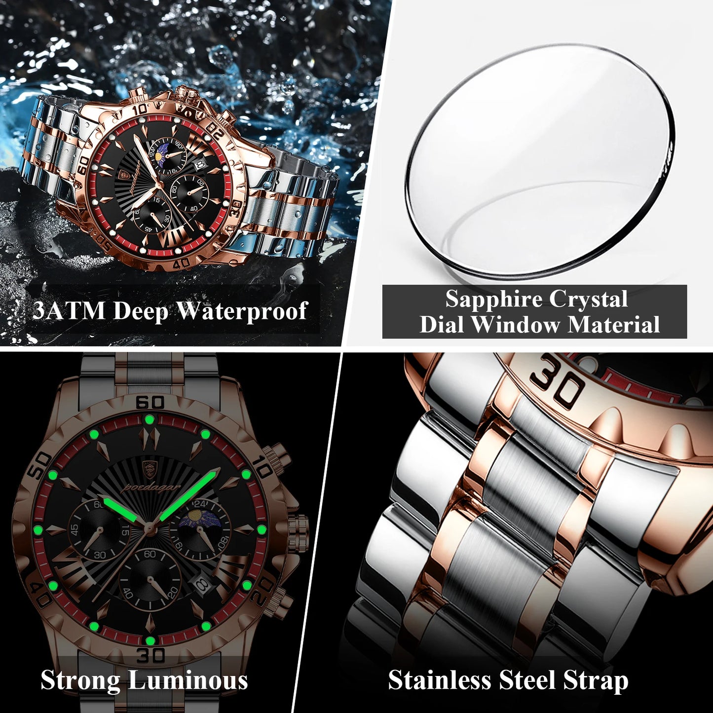 Quartz Mens Watch Waterproof Luminous Chronograph Date Stainless Steel